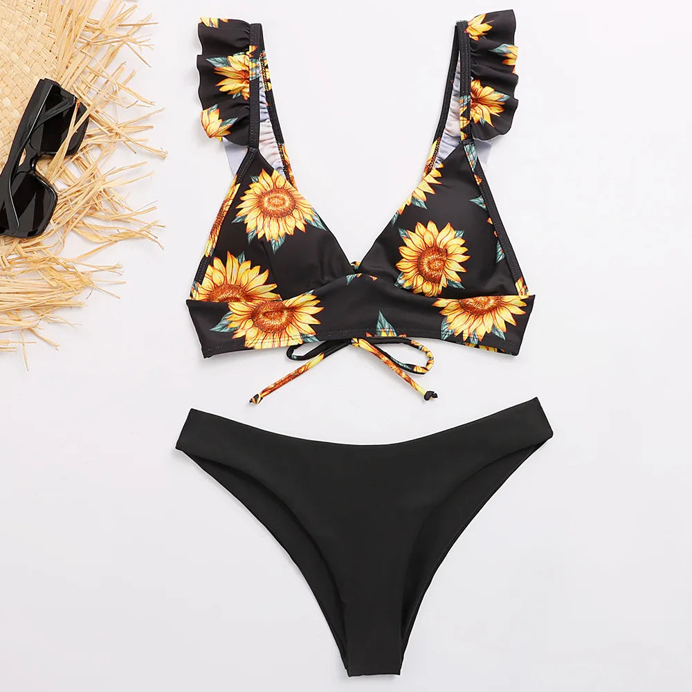 Mivora Sunflower Bikini Set for women featuring a floral print top and black bottom, perfect for summer beach vibes.
