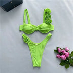 Sexy 3D Flower Shiny White Push up Bikini 2025 Women Swimwear Underwired Swimsuit High Cut Bathing Suit Wrinkled Bikinis Sets