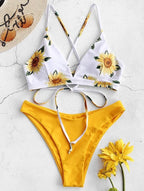 Mivora sunflower bikini set for women with floral print, vibrant yellow bottoms, ideal for summer beach vibes.