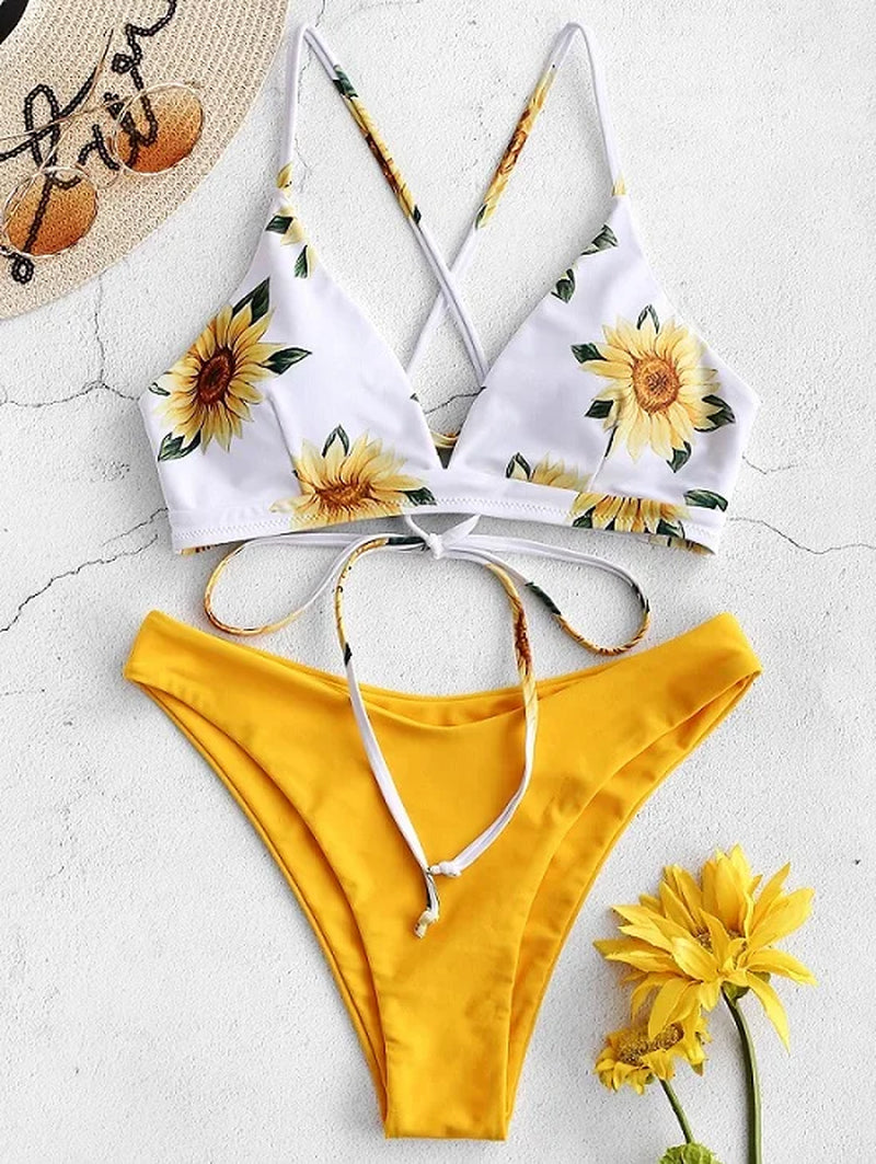Mivora sunflower bikini set for women with floral print, vibrant yellow bottoms, ideal for summer beach vibes.
