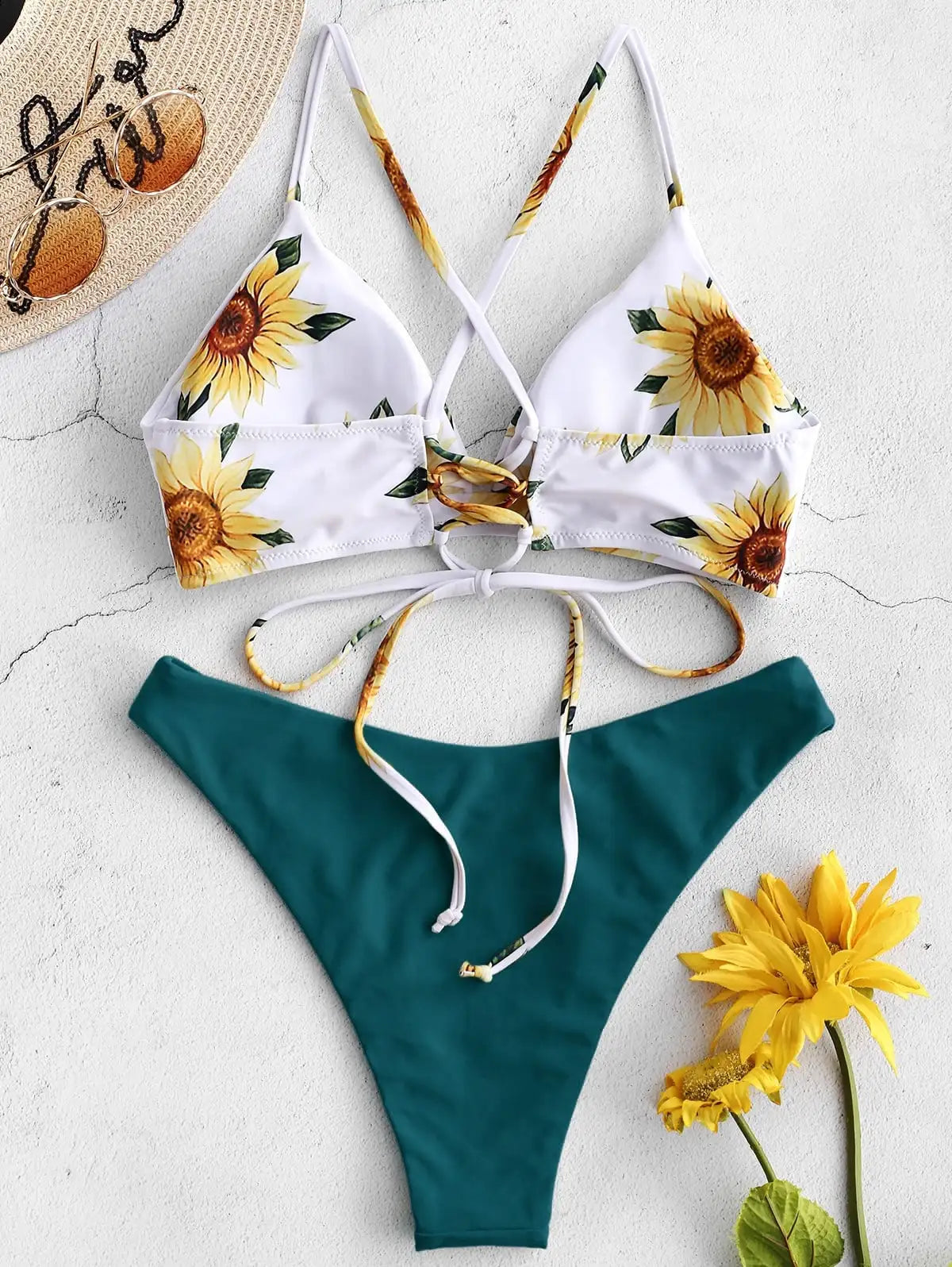 Mivora Sunflower Bikini Set for Women with floral top and green bottom, perfect for summer beachwear.