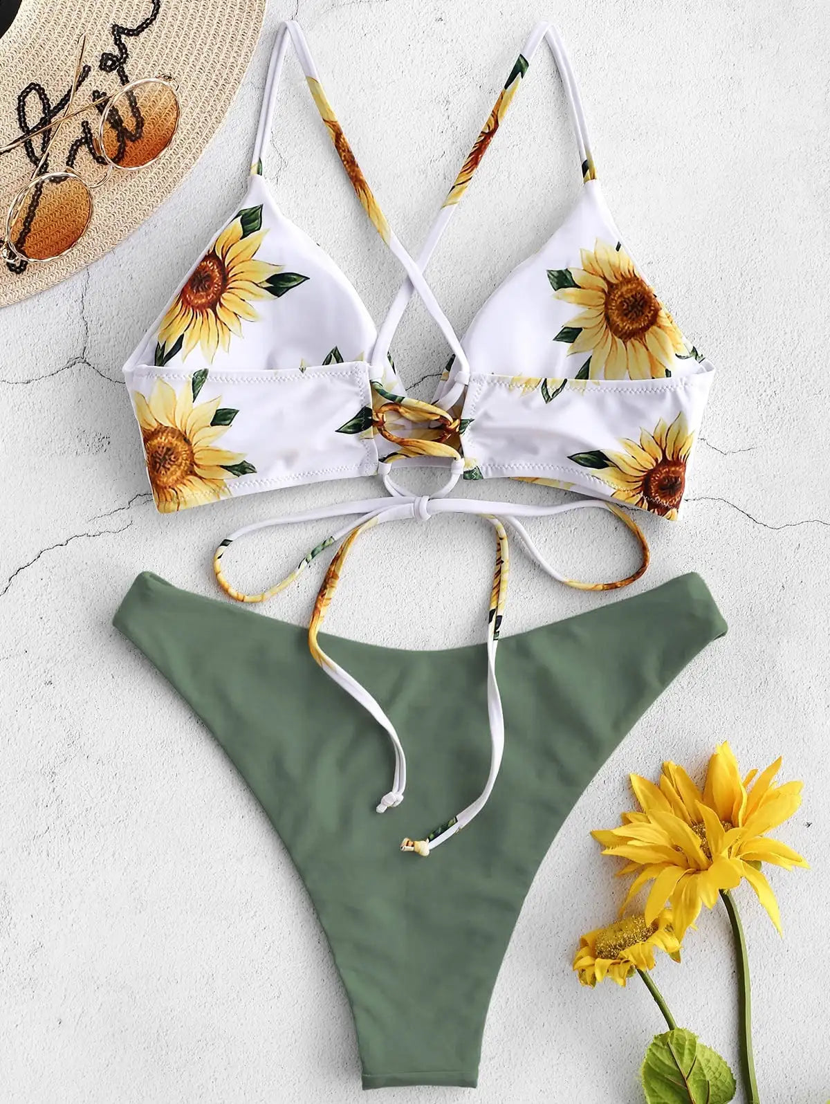 Mivora sunflower bikini set for women featuring floral print top and green bottoms, perfect for summer lounging.