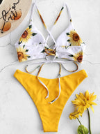 Mivora Sunflower Bikini Set featuring vibrant floral print and yellow bottom, perfect for summer beach vibes.
