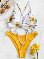 Mivora sunflower bikini set featuring a floral top and yellow bottom, perfect for summer beach days and comfortable luxury lingerie.