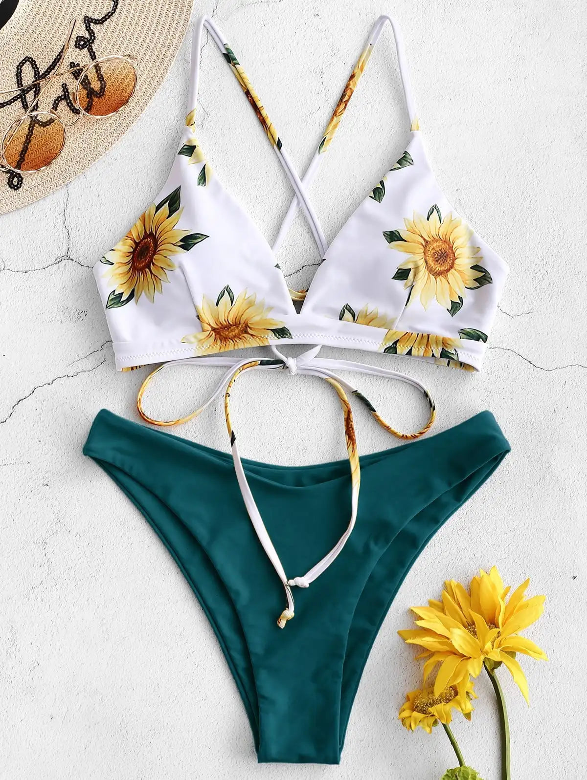 Mivora Sunflower Bikini Set featuring vibrant floral print top and green bottoms, perfect for summer vibes and beach outings.