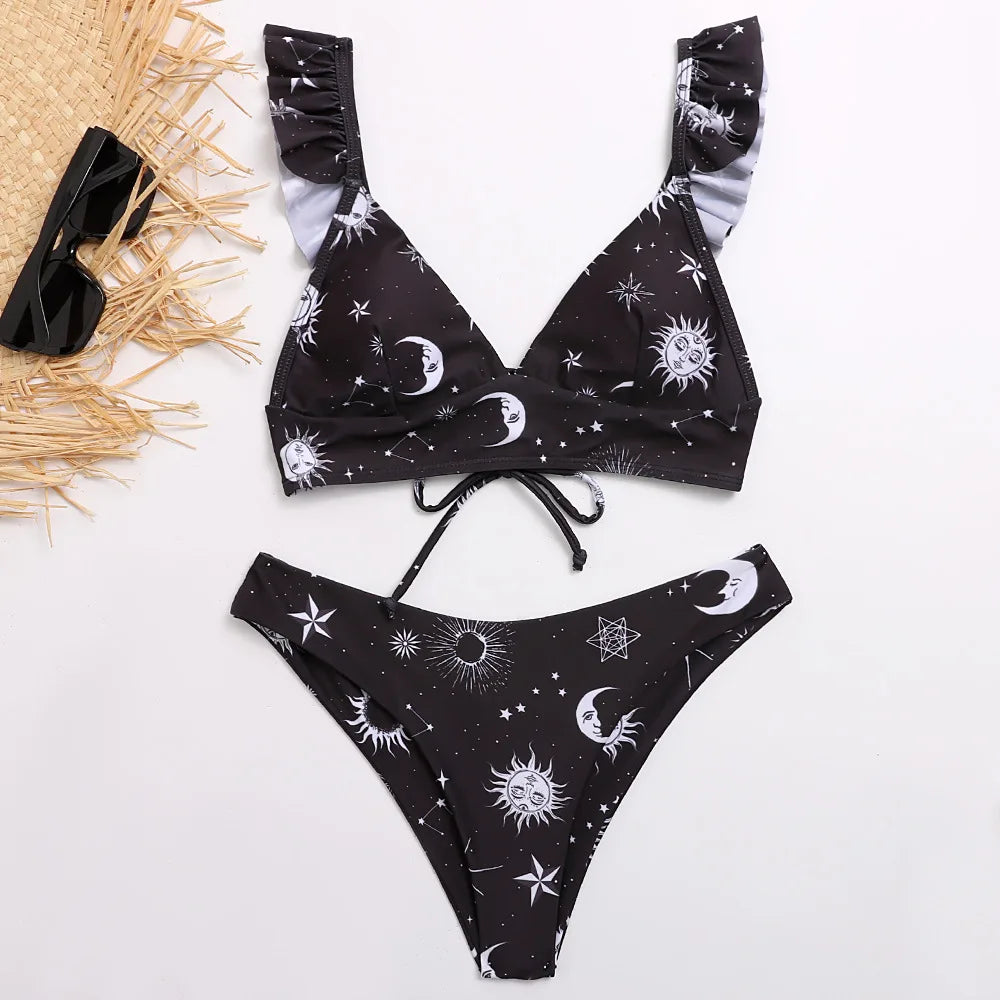 Mivora Moon and Stars Bikini Set with Ruffled Design for Women - Stylish Swimwear for Summer