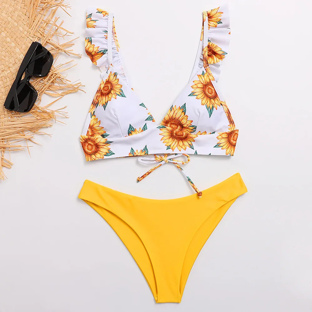 Mivora sunflower bikini set for women, featuring vibrant floral print and yellow bottom, perfect summer swimwear.