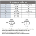 Size comparison chart for underwear with waist and length measurements in centimeters and inches.
