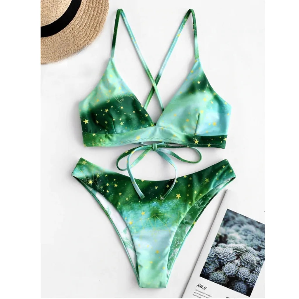 Mivora green starry bikini set for women, perfect for summer beach outings, featuring a stylish design and comfortable fit.