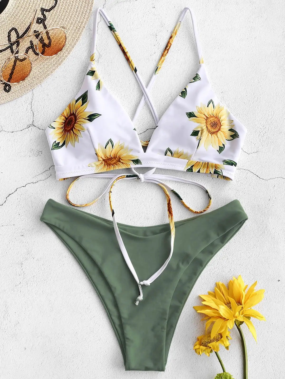 Mivora Sunflower Bikini Set for Women, featuring vibrant sunflower print and stylish design, perfect for summer beachwear.