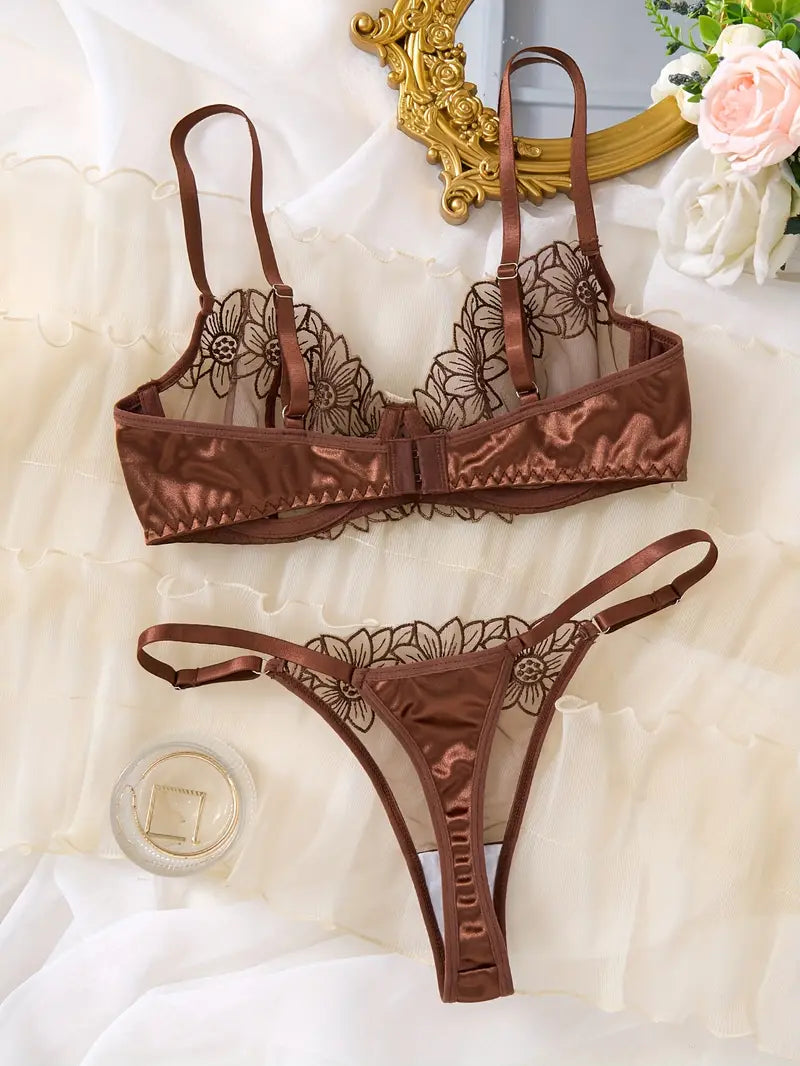 Coffee Floral Embroidered Satin Lingerie Set – Elegant Comfort & Allure