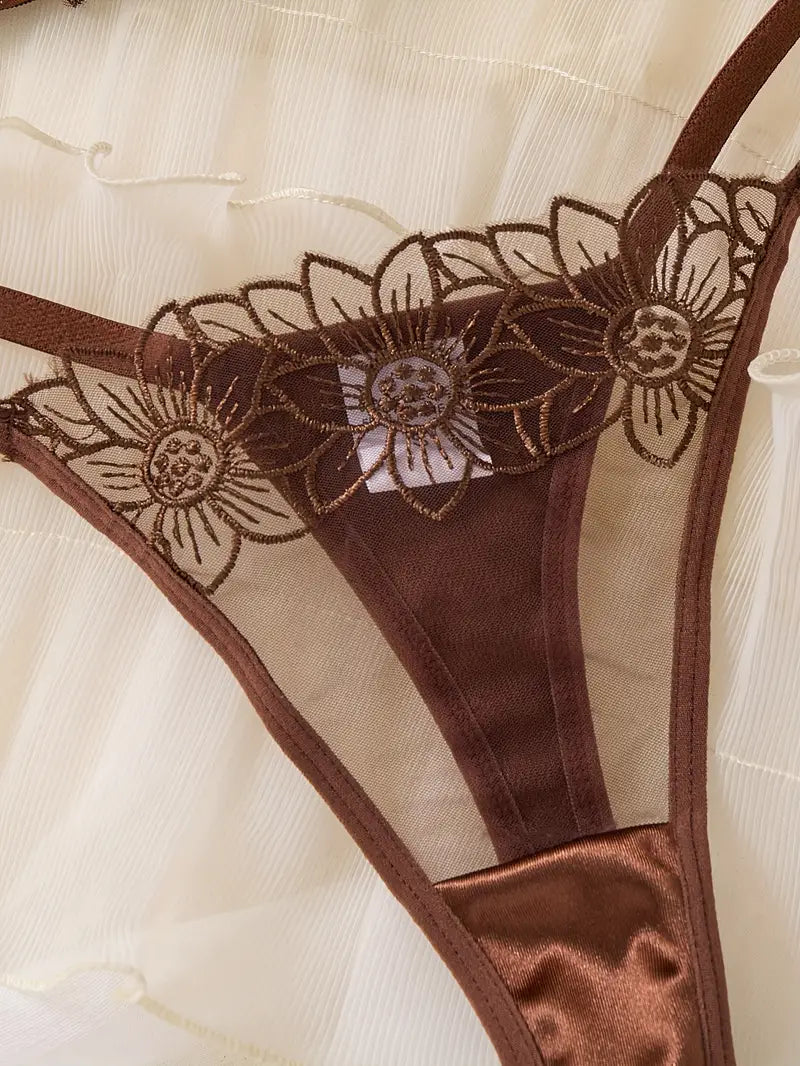 Coffee Floral Embroidered Satin Lingerie Set – Elegant Comfort & Allure