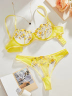 Yellow floral embroidered mesh lingerie set by Mivora Lingerie – sheer bra and thong for women