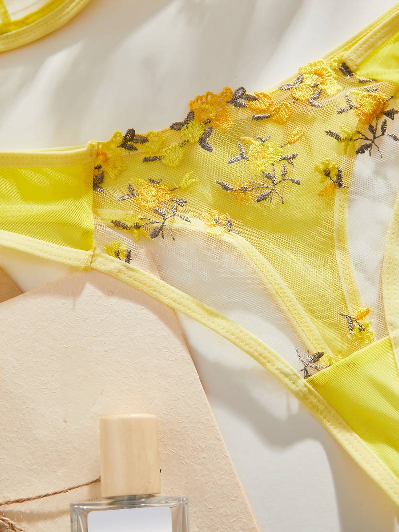 Yellow Floral Embroidered Mesh Lingerie Set – Radiant Elegance & Feminine Charm