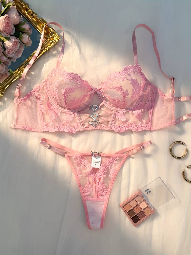 Sheer floral embroidered V-shaped lingerie set by Mivora Lingerie – mesh bra and thong for women