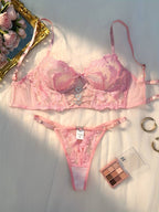 Sheer floral embroidered V-shaped lingerie set by Mivora Lingerie – mesh bra and thong for women